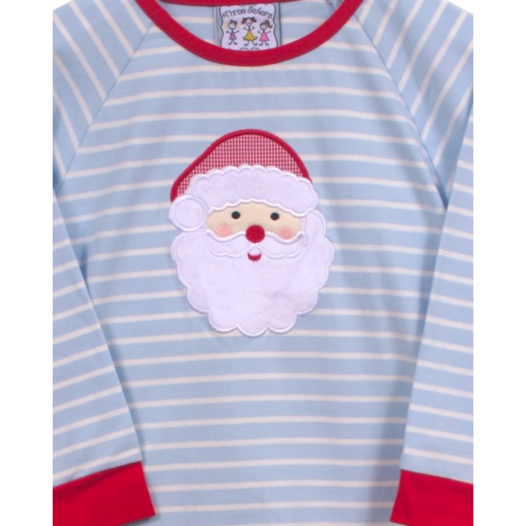 That Store boys blue and white striped long sleeve shirt featuring a festive Santa Claus applique and red trim.