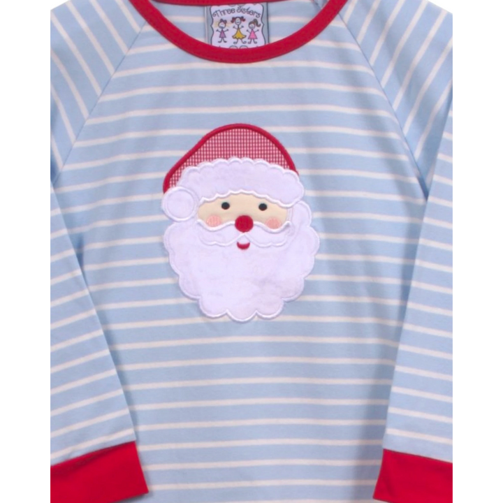 That Store boys blue and white striped long sleeve shirt featuring a festive Santa Claus applique and red trim.