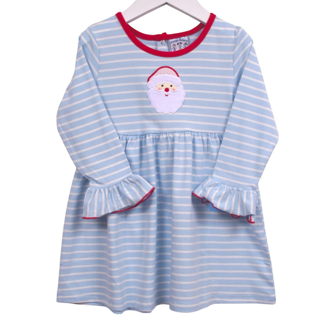 That Store blue and white striped long-sleeve dress featuring a festive Santa applique and red trim details.