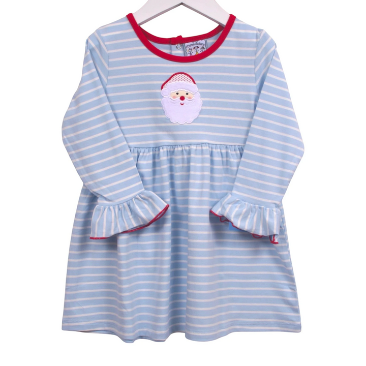 That Store blue and white striped long-sleeve dress featuring a festive Santa applique and red trim details.