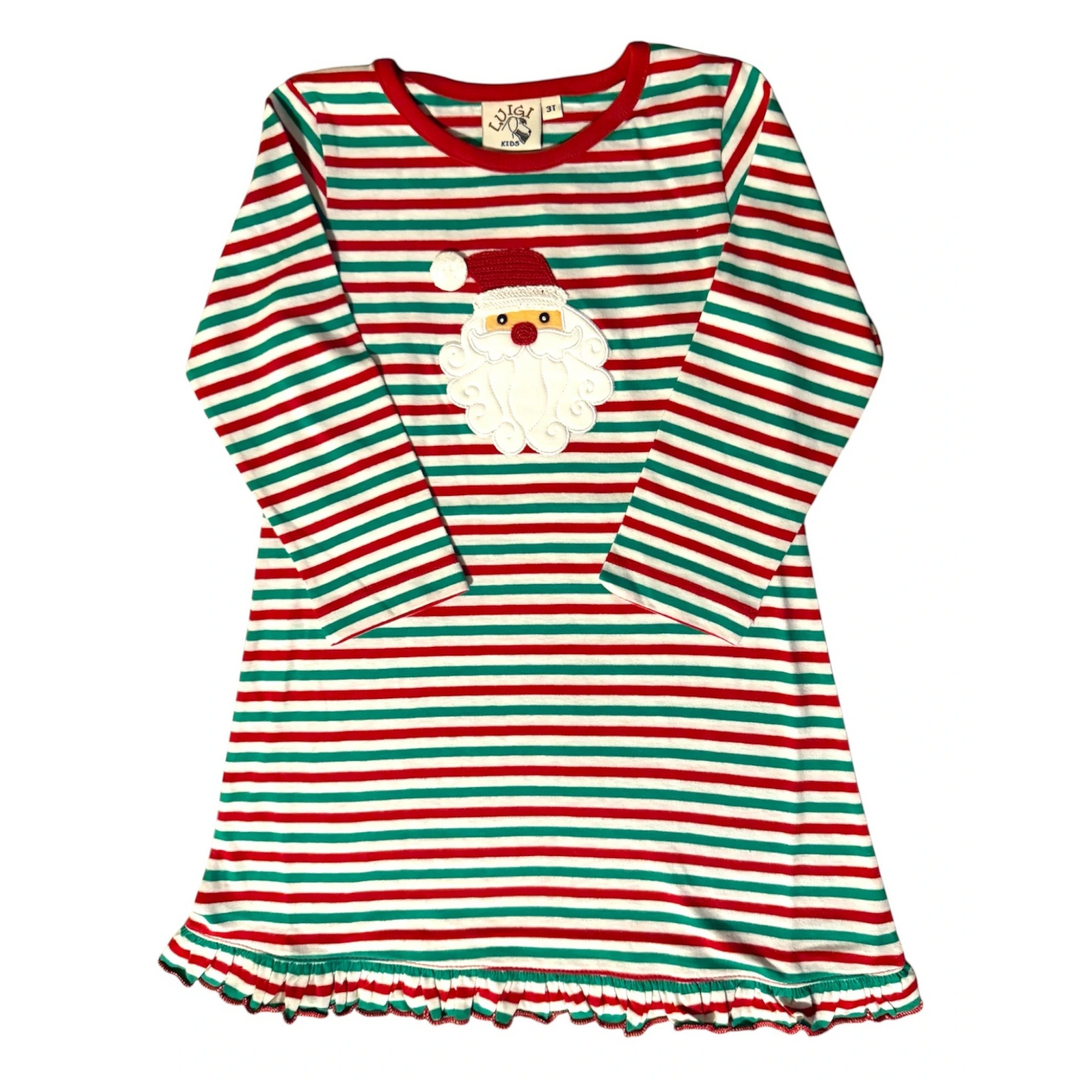 That Store red and green striped long sleeve dress with a festive Santa face applique and ruffled hem for girls.