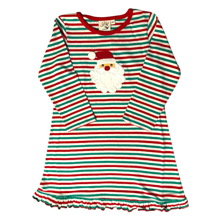That Store red and green striped long sleeve dress with a festive Santa face applique and ruffled hem for girls.