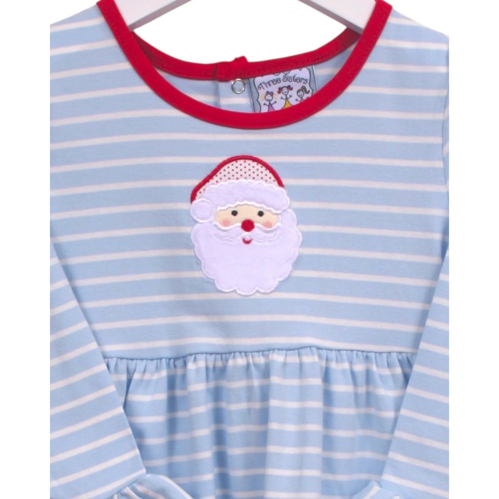That Store blue and white striped long-sleeve dress with a festive Santa Claus applique and red trim neckline.