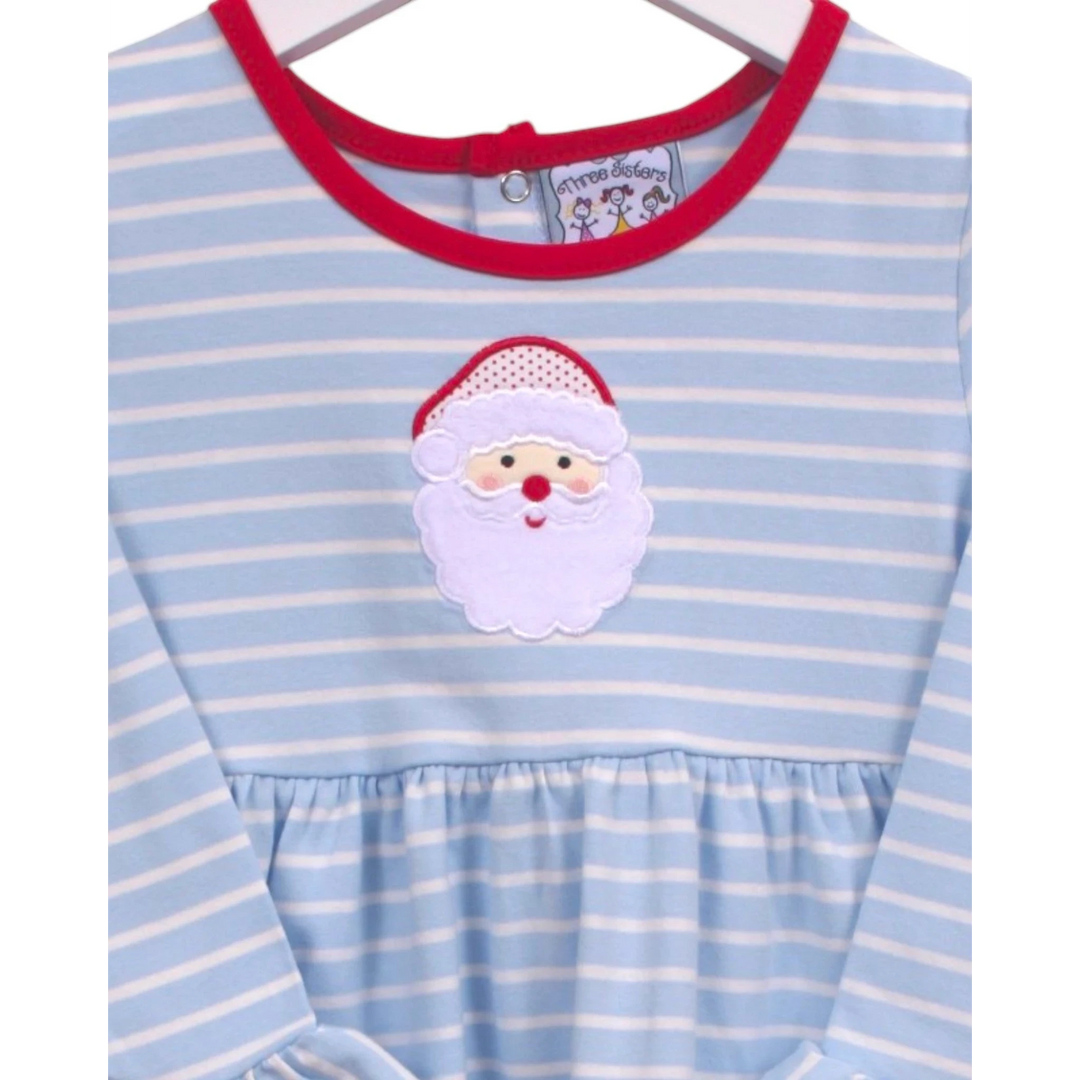 That Store blue and white striped long-sleeve dress with a festive Santa Claus applique and red trim neckline.