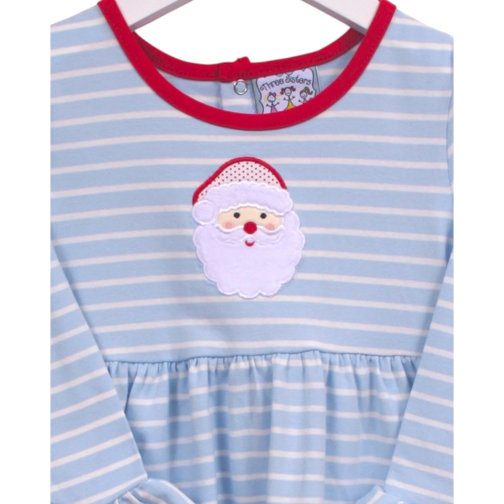 That Store blue and white striped long-sleeve dress with a festive Santa Claus applique and red trim neckline.