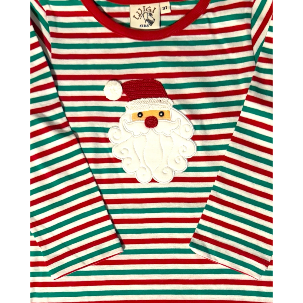 That Store red and green striped long-sleeve dress featuring a festive Santa Claus face applique for children.