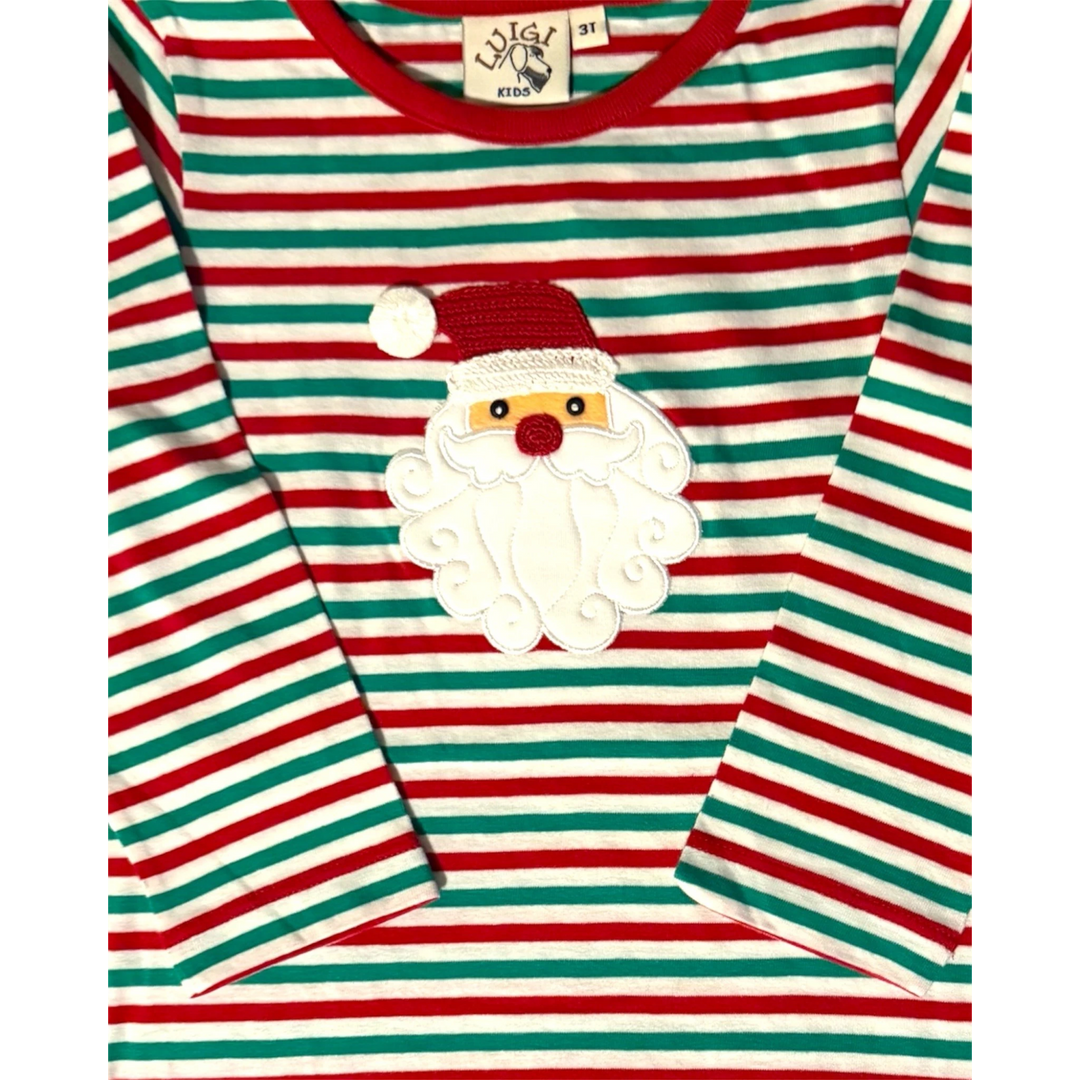 That Store red and green striped long-sleeve dress featuring a festive Santa Claus face applique for children.