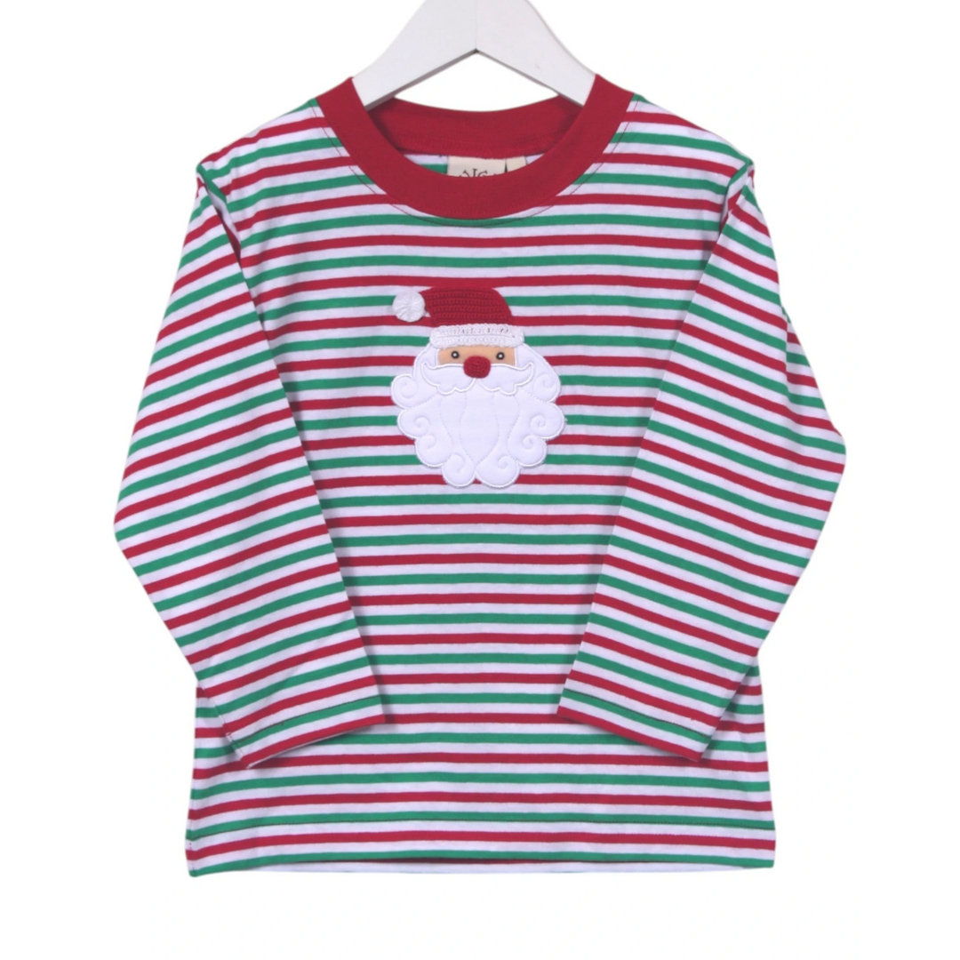 That Store boys long sleeve cotton tee with red and green stripes and a festive Santa Claus applique