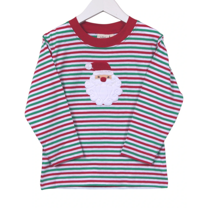 That Store boys long sleeve cotton tee with red and green stripes and a festive Santa Claus applique