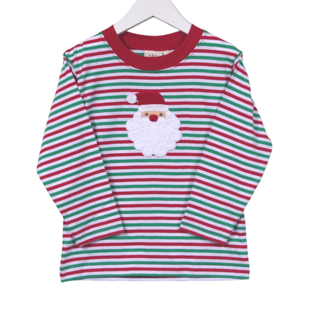 That Store boys long sleeve cotton tee with red and green stripes and a festive Santa Claus applique design.