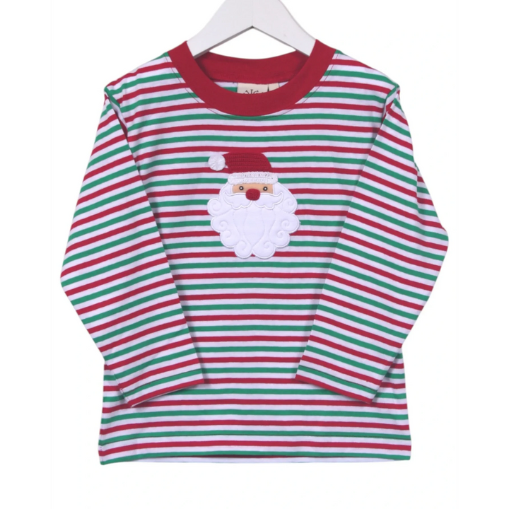 That Store boys long sleeve cotton tee with red and green stripes and a festive Santa Claus applique design.