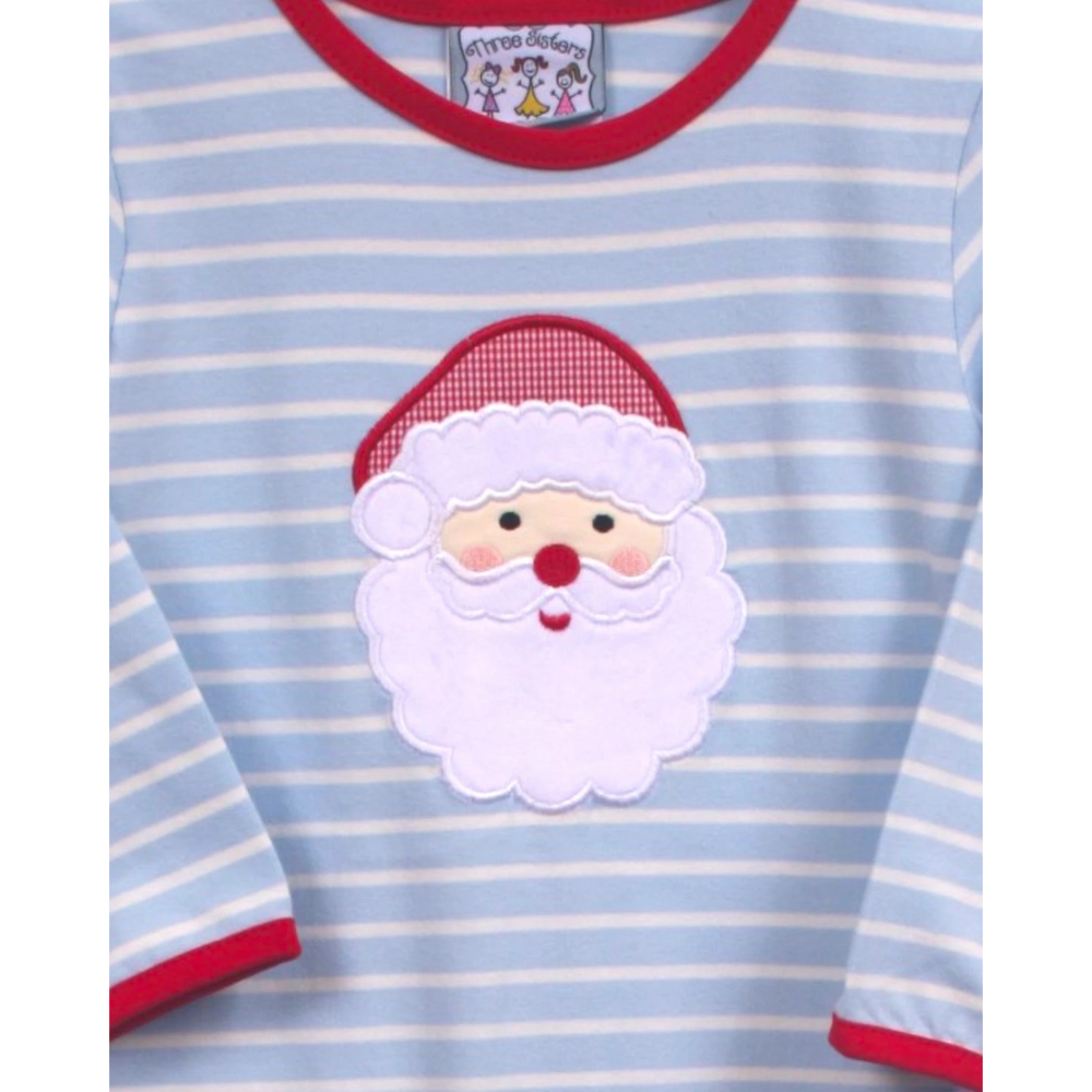 That Store blue and white striped boys romper featuring a festive Santa Claus applique with red trim details.