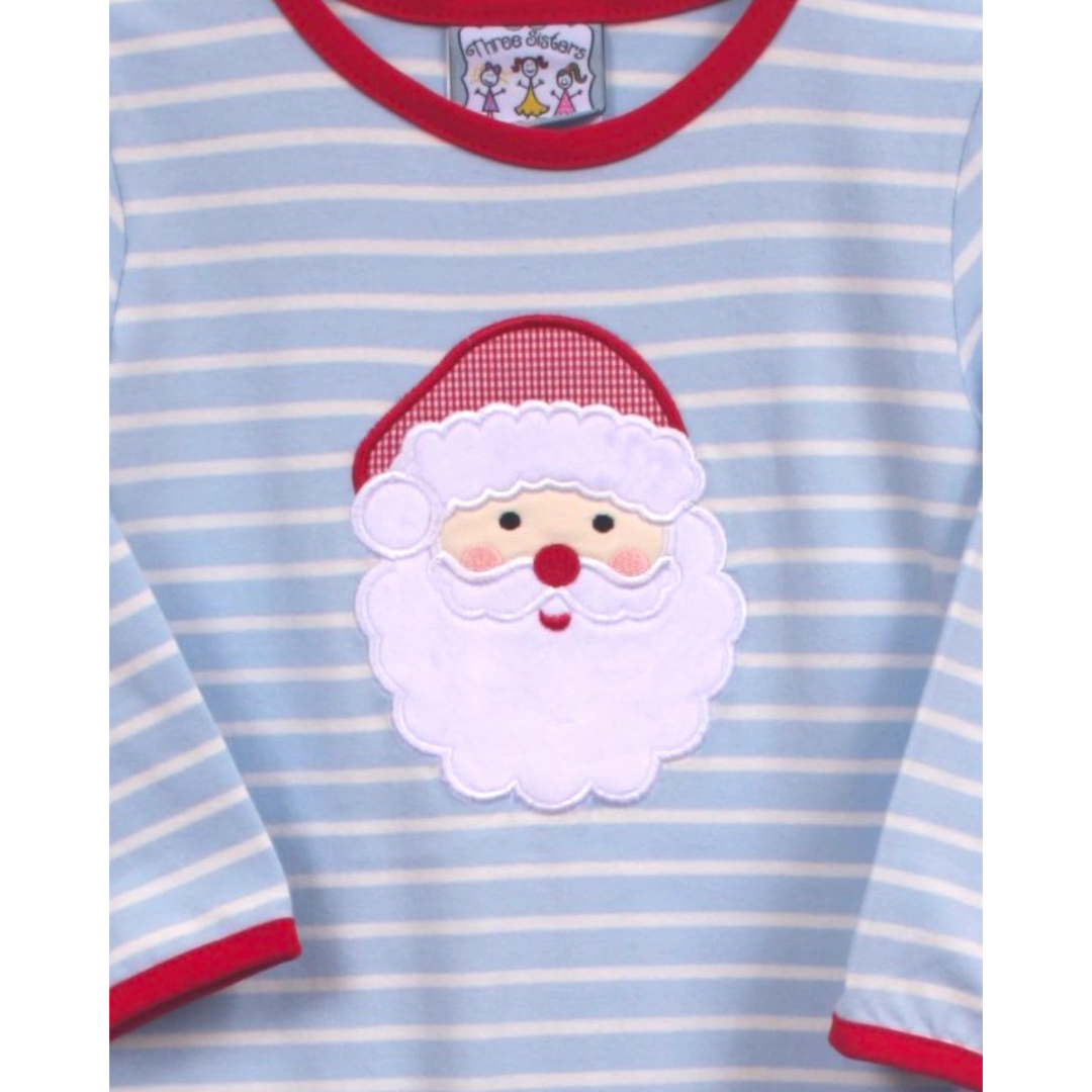 That Store blue and white striped boys romper featuring a festive Santa Claus applique with red trim details.