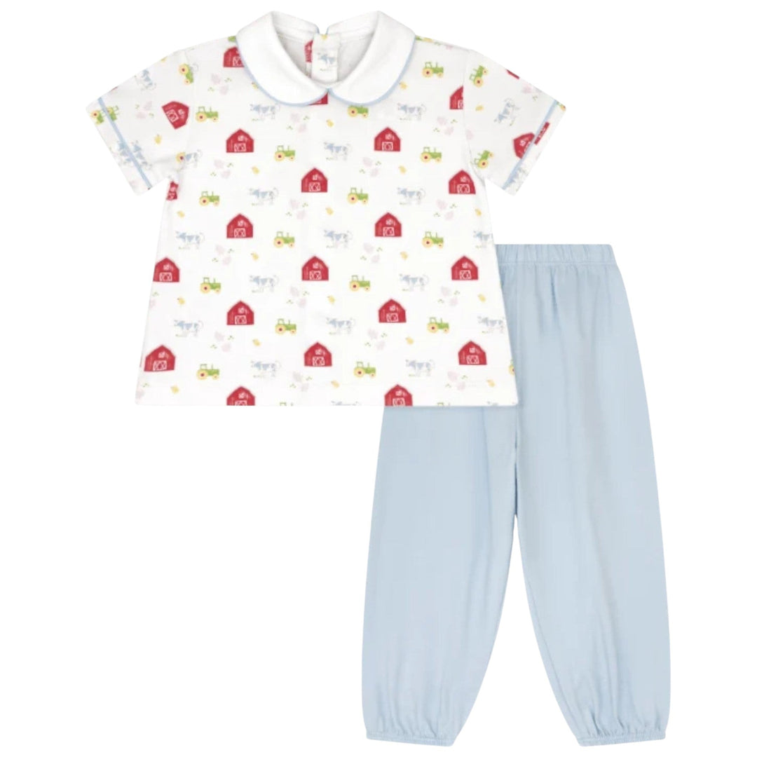 That Store Sibley boys pant set with a farm print top and solid Bluffton Blue knit pants for comfortable playtime.