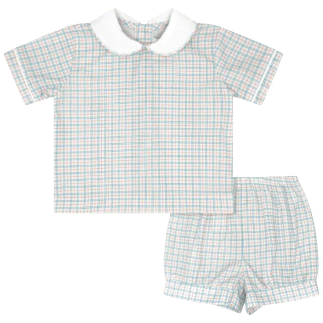 That Store Sibley boys short set in countryside plaid with a white peter pan collar and blue and orange check pattern.