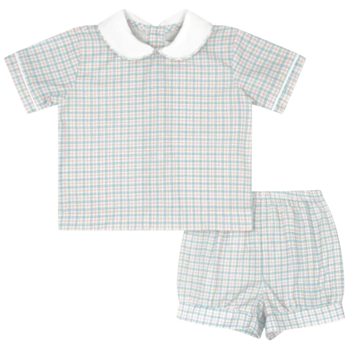 That Store Sibley boys short set in countryside plaid with a white peter pan collar and blue and orange check pattern.