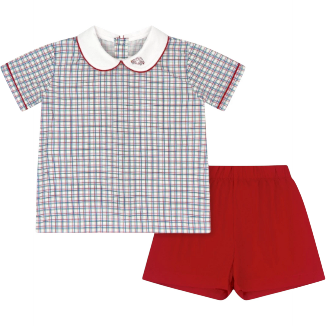 That Store Sibley boys short set in Raleigh Red primary plaid with peter pan collar and embroidered car detail.