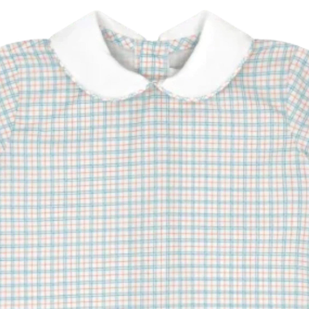 That Store Sibley boys short set featuring a blue and orange countryside plaid pattern with a white peter pan collar.