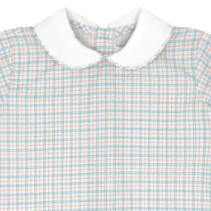 That Store Sibley boys short set featuring a blue and orange countryside plaid pattern with a white peter pan collar.