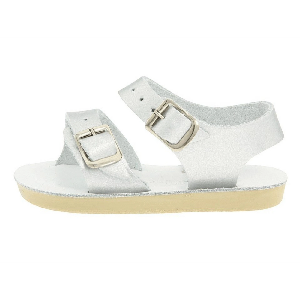 That Store silver water-friendly leather baby sandals with two adjustable buckle straps and flexible urethane outsole
