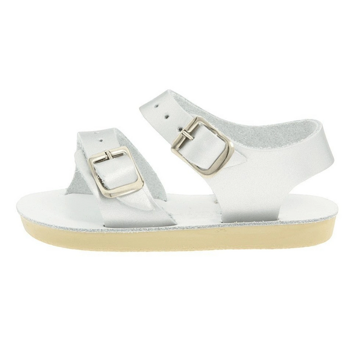 That Store silver water-friendly leather baby sandals with two adjustable buckle straps and flexible urethane outsole