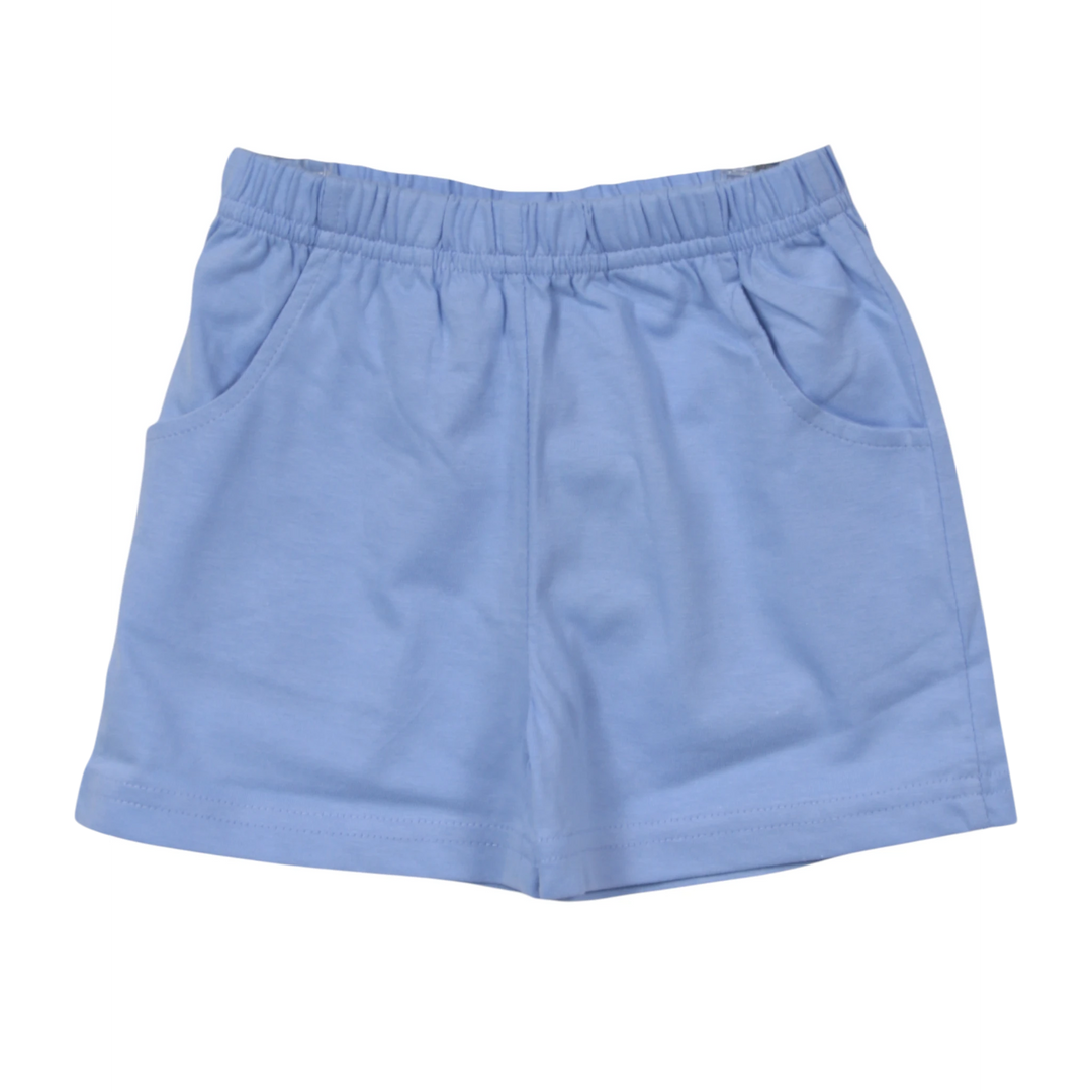 That Store sky blue cotton knit boys shorts featuring an elastic waistband and convenient front pockets.