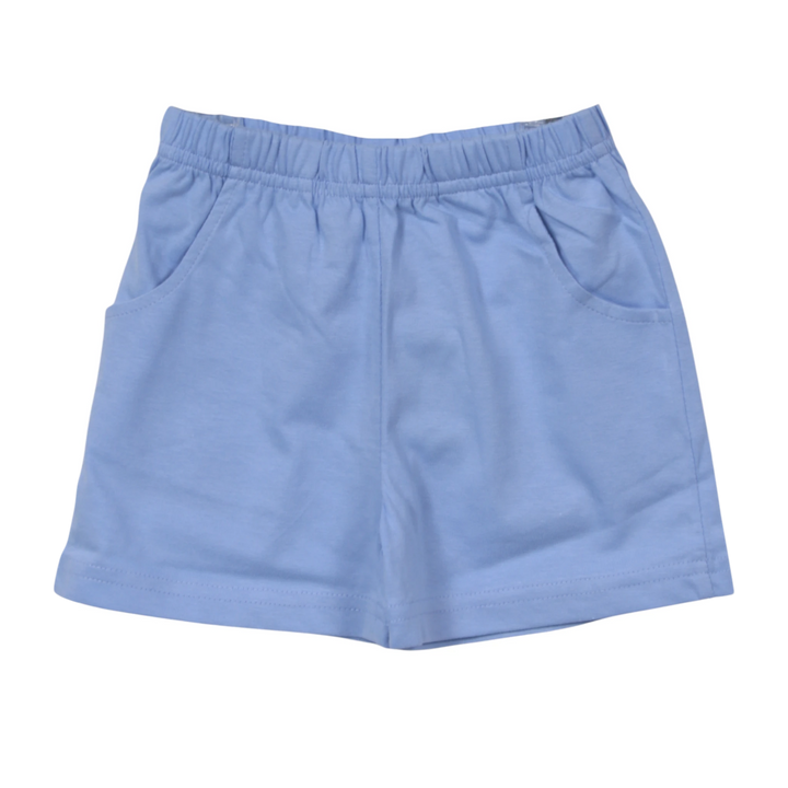 That Store sky blue cotton knit boys shorts featuring an elastic waistband and convenient front pockets.