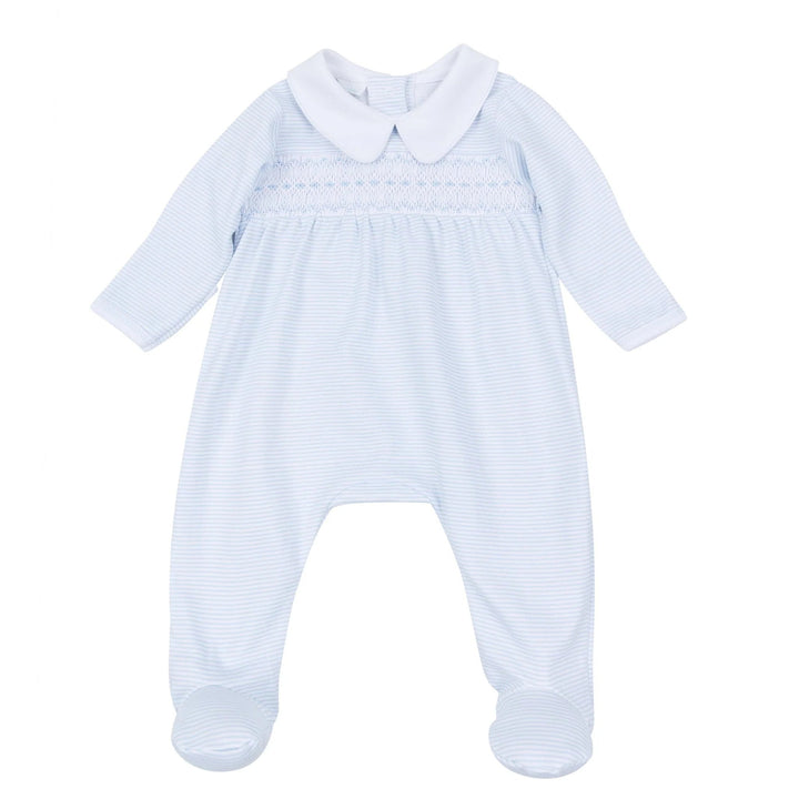 That Store light blue striped baby footie with hand-smocked chest detail and a white Peter Pan collar in Pima cotton.