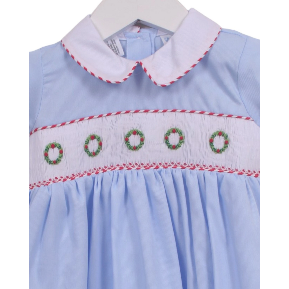That Store blue boys bubble with white collar and smocked Christmas wreath embroidery for festive holiday wear