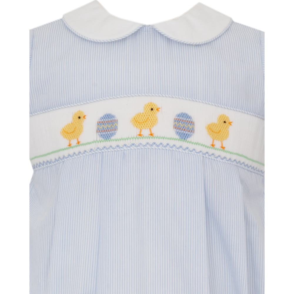 That Store smocked baby bubble in blue stripe with embroidered Easter chicks and eggs on a white peter pan collar