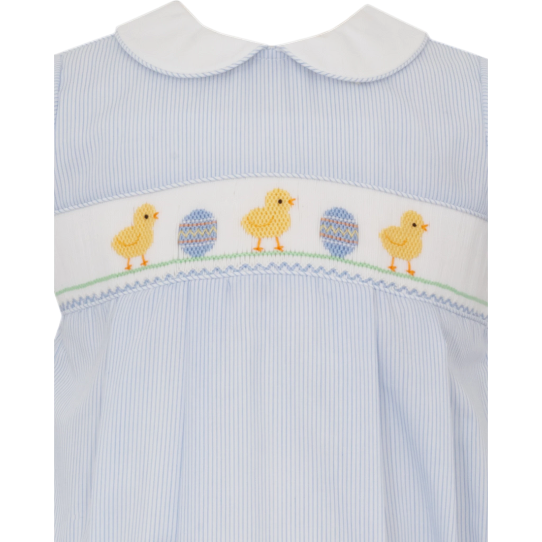 That Store smocked baby bubble in blue stripe with embroidered Easter chicks and eggs on a white peter pan collar