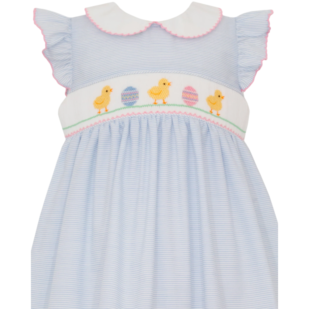 That Store smocked Easter dress in blue stripe with yellow chick embroidery, angel sleeves, and white collar.