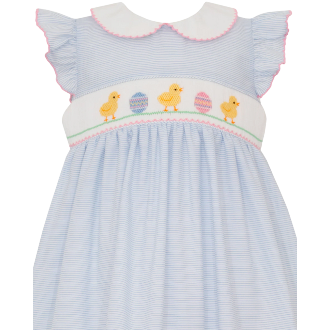That Store smocked Easter dress in blue stripe with yellow chick embroidery, angel sleeves, and white collar.