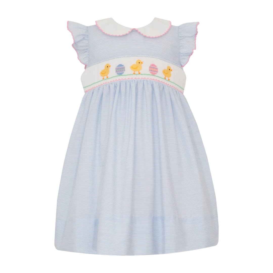 That Store smocked Easter dress with blue stripes, chick embroidery, angel wing sleeves, and a white peter pan collar.
