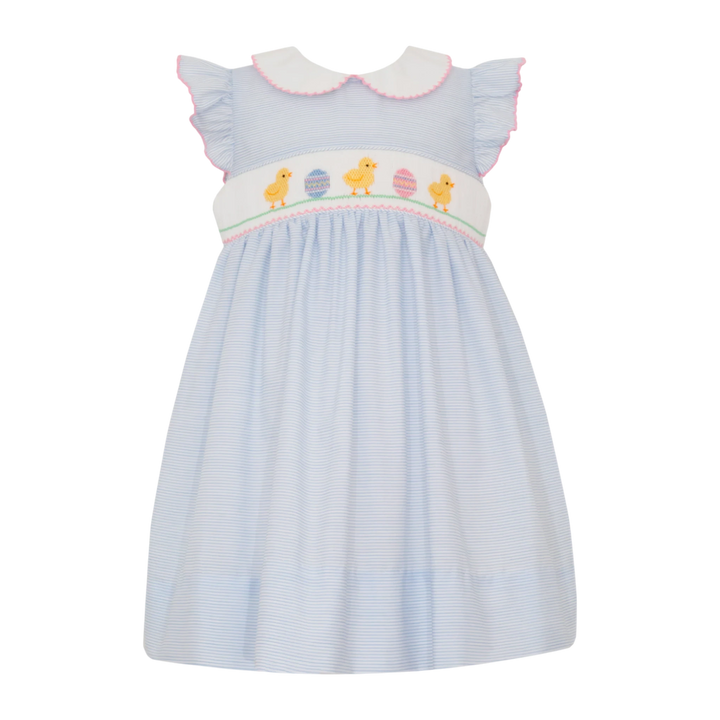 That Store smocked Easter dress with blue stripes, chick embroidery, angel wing sleeves, and a white peter pan collar.