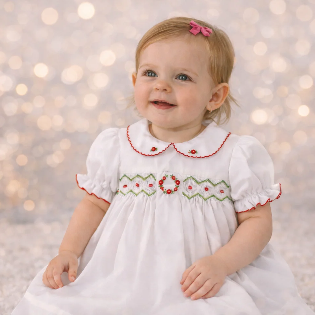 That Store white holiday dress for baby girls featuring red and green smocking and embroidery against bokeh lights