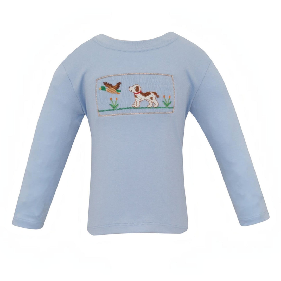 That Store light blue long-sleeve cotton tee for boys featuring a hand-smocked hunting dog and mallard duck design.