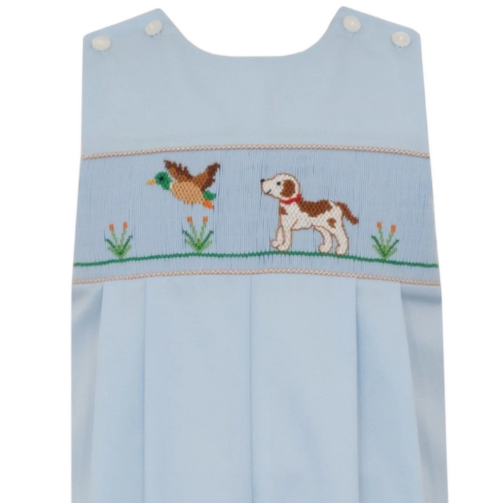 That Store blue boys long jon jon with smocked hunting dog and mallard duck embroidery and button shoulder detail