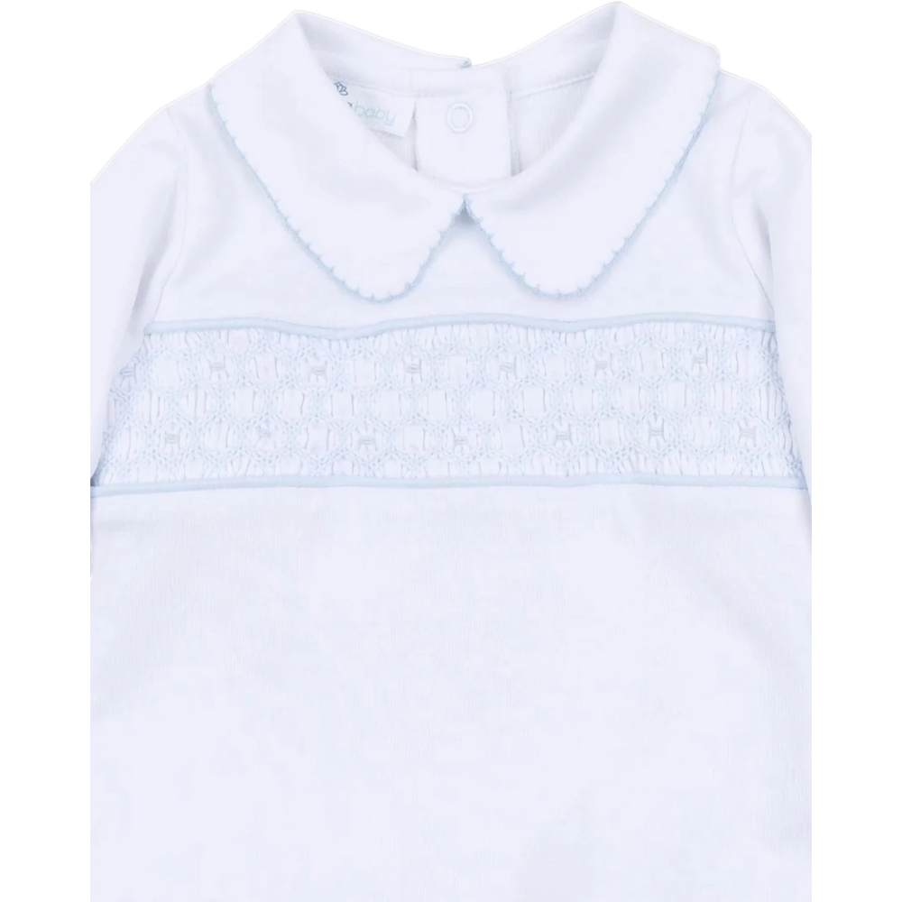 That Store Magnolia Baby light blue smocked long sleeve Pima cotton top with a peter pan collar and button back.
