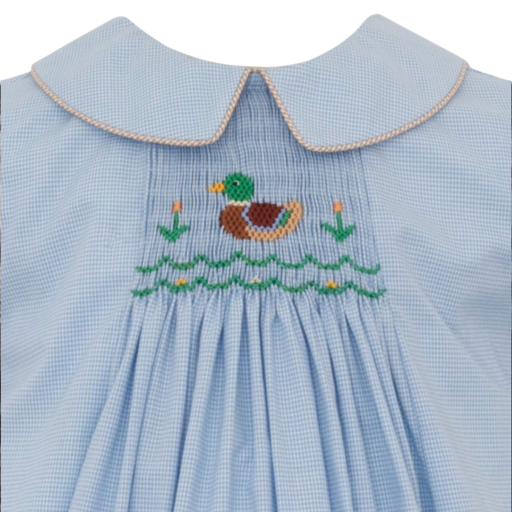 That Store boys bubble in mallard blue micro check fabric with hand smocked mallard duck embroidery and peter pan collar