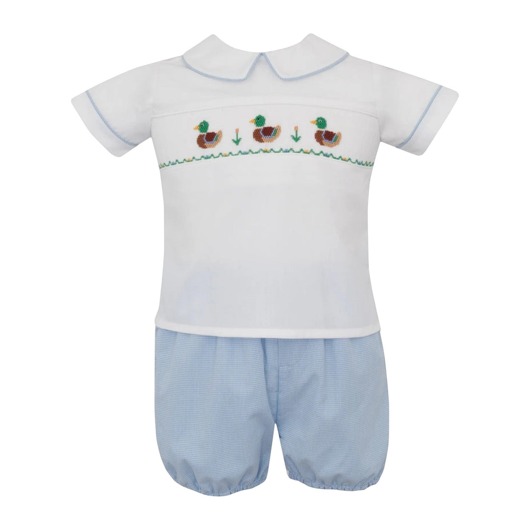 That Store boys smocked mallard blue micro check diaper set with white short sleeve shirt and blue gingham bloomers.
