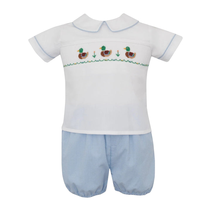 That Store boys smocked mallard blue micro check diaper set with white short sleeve shirt and blue gingham bloomers.
