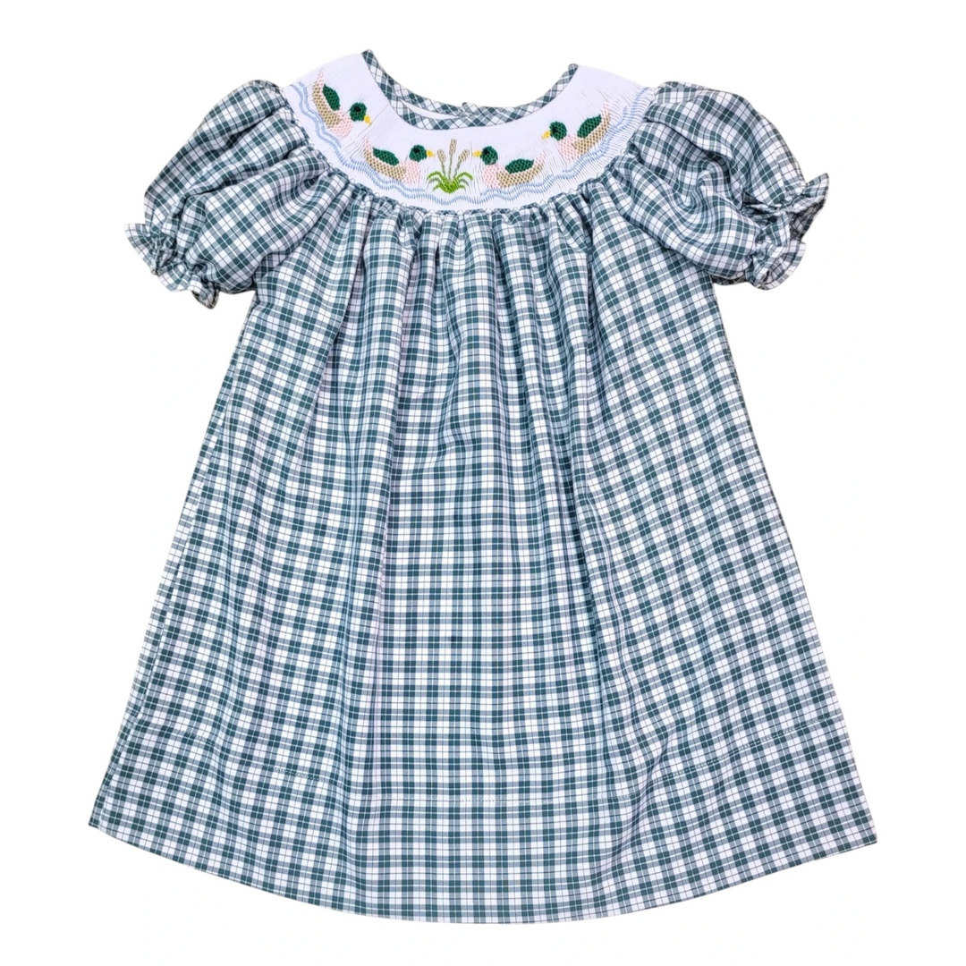 That Store girls smocked mallard green plaid bishop dress with embroidered duck details and puff sleeves.