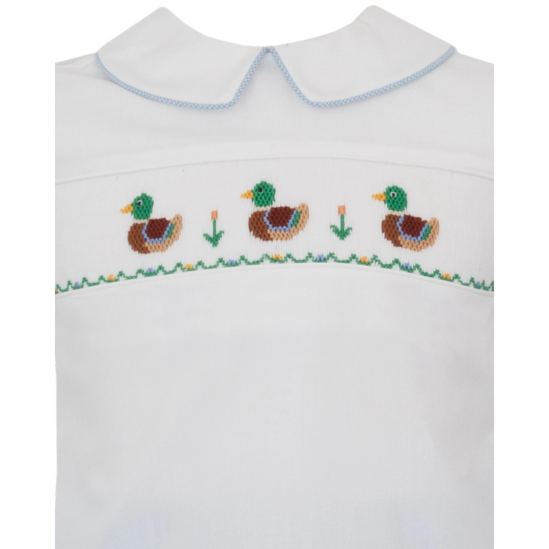 That Store boys white shirt with hand smocked mallard duck embroidery and blue micro check collar detail