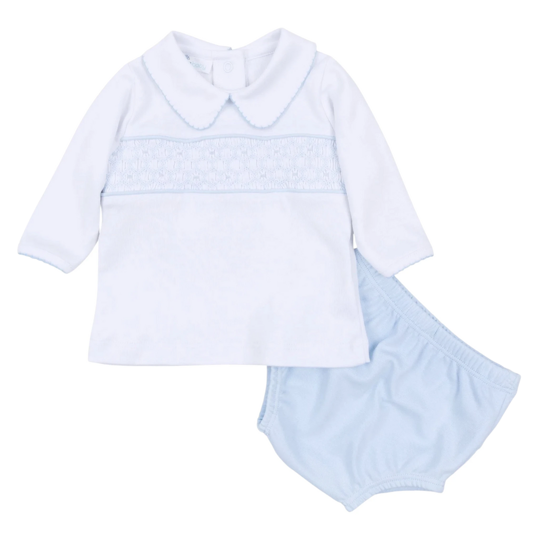 That Store Magnolia Baby light blue smocked long sleeve Pima cotton top and matching diaper cover set for boys.