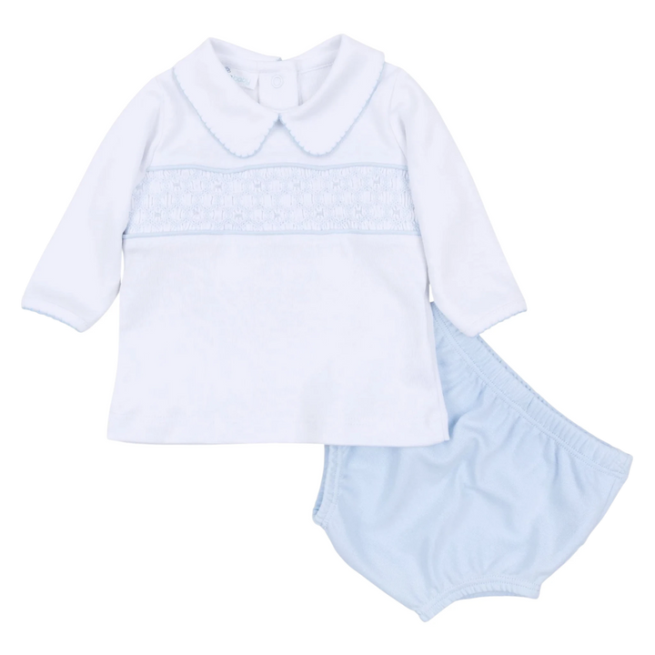 That Store Magnolia Baby light blue smocked long sleeve Pima cotton top and matching diaper cover set for boys.