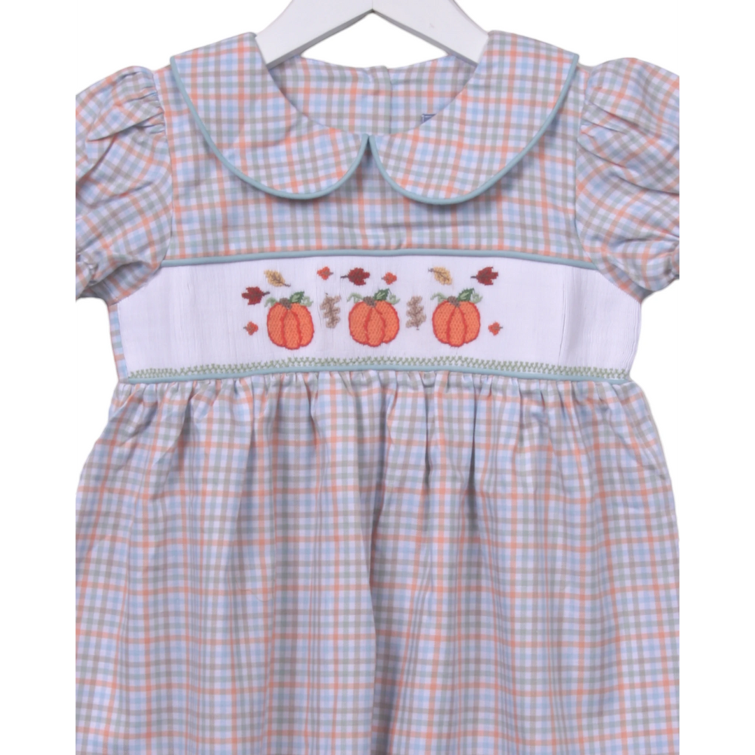 That Store smocked pumpkin green plaid dress with peter pan collar and fall leaf embroidery for autumn