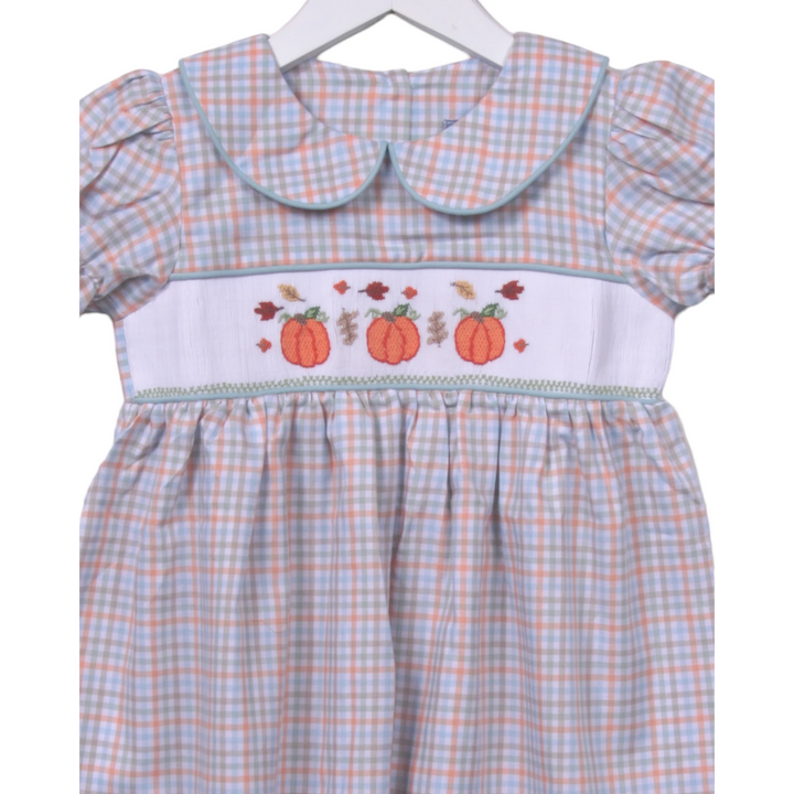 That Store smocked pumpkin green plaid dress with peter pan collar and fall leaf embroidery for autumn