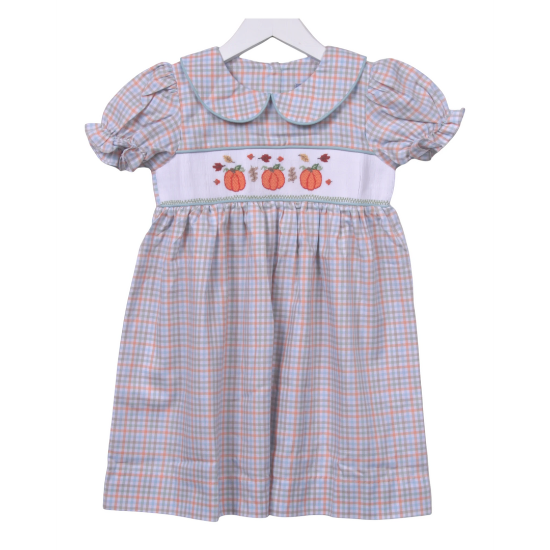 That Store smocked pumpkin green plaid dress with a Peter Pan collar and puff sleeves for fall.