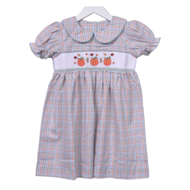 That Store smocked pumpkin green plaid dress with a Peter Pan collar and puff sleeves for fall.